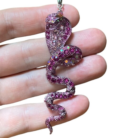 VTG Janus Pink Snake Pendant 3" Movable Bling Y2K Rhinestone Cobra Necklace - Picture 4 of 11